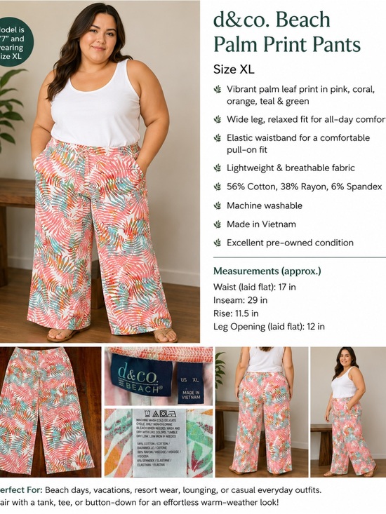 d&co Pants - d&co. Beach XL Tropical Palm Print Wide Leg Resort Pants